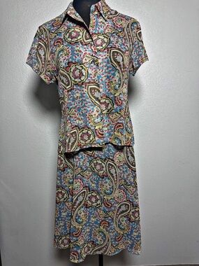 Vintage Silk Valerie Stevens Paisley Two Piece Set Petite 8P Blue Boho